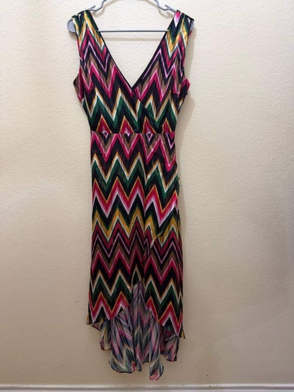 INC International Concepts Pink, Green & Yellow Chevron V-Neck High-Low Dress